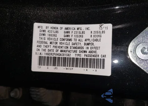 2016 Honda Accord Ex-L from USA, damaged, VIN 1HGCR2F84GA091582